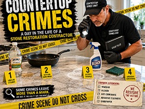 Infographic titled Countertop Crimes: A Day in the Life of a Stone Restoration Contractor, showing a worker at a bench with tools and numbered crime-prevention tips (1–4) and a checklist of common offenses.
